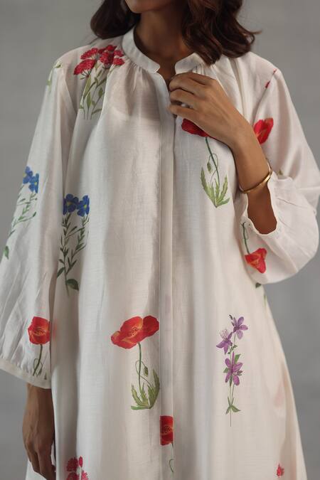 Shop_Roza_Ivory Chanderi Embroidery Round Neck Anais Floral Print Kurta And Pant Set _Online_at_Aza_Fashions