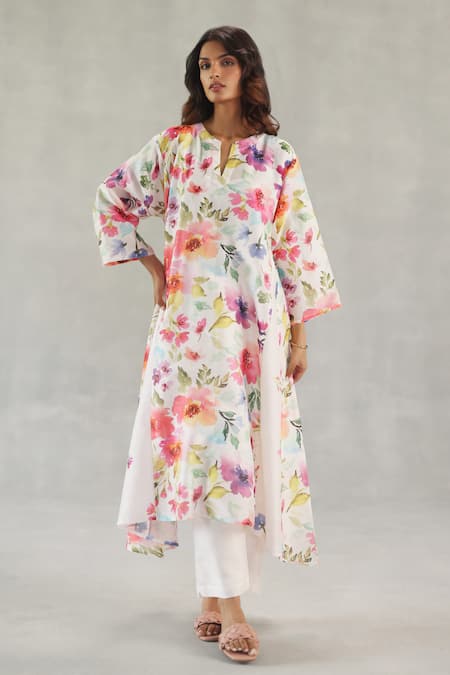 Buy Roza Ivory Chanderi Round Neck Buttercup Printed Kurta And Pant Set Online at Aza Fashions Buy_Roza_Ivory Chanderi Round Neck Buttercup Printed Kurta And Pant Set _Online_at_Aza_Fashions