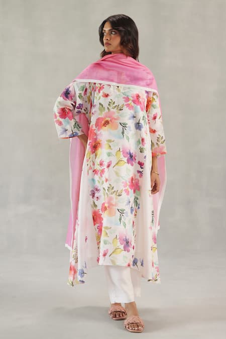 Roza Ivory Chanderi Round Neck Buttercup Printed Kurta And Pant Set