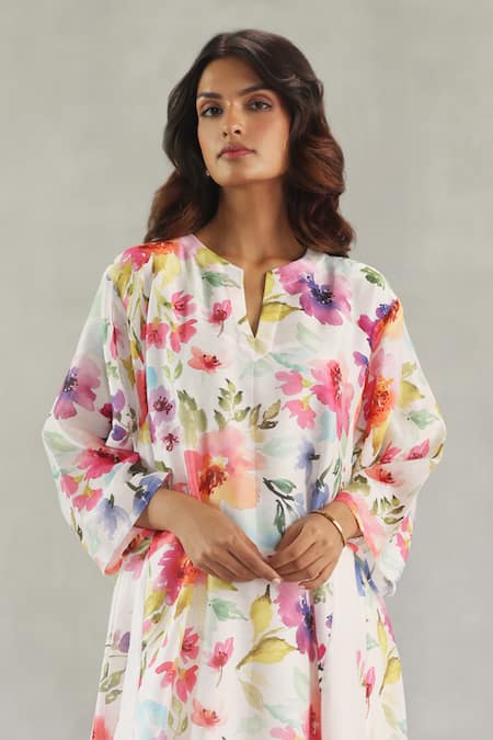 Buy Roza Ivory Chanderi Round Neck Buttercup Printed Kurta And Pant Set Buy_Roza_Ivory Chanderi Round Neck Buttercup Printed Kurta And Pant Set