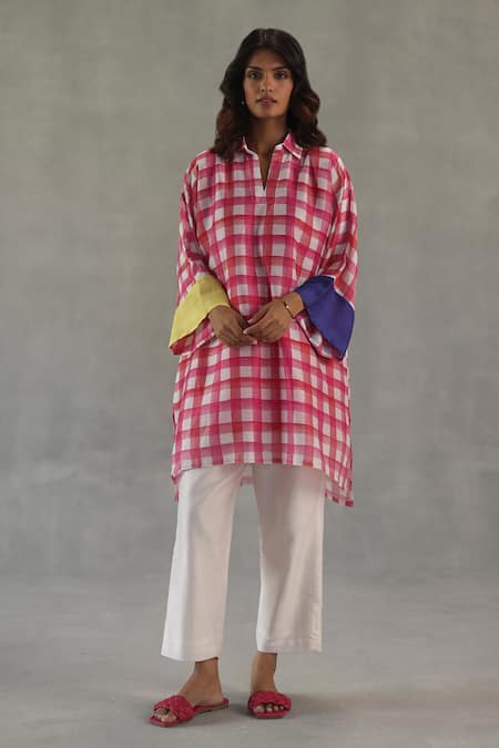 Roza Pink Chanderi Split V-neck Candy Crush Printed Kurta 