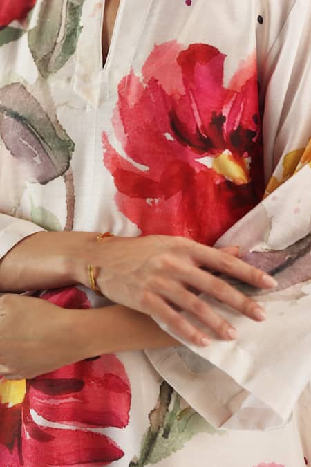 Roza_Ivory Chanderi Lace Round Neck Olivia Printed Kurta And Pant Set _Online_at_Aza_Fashions