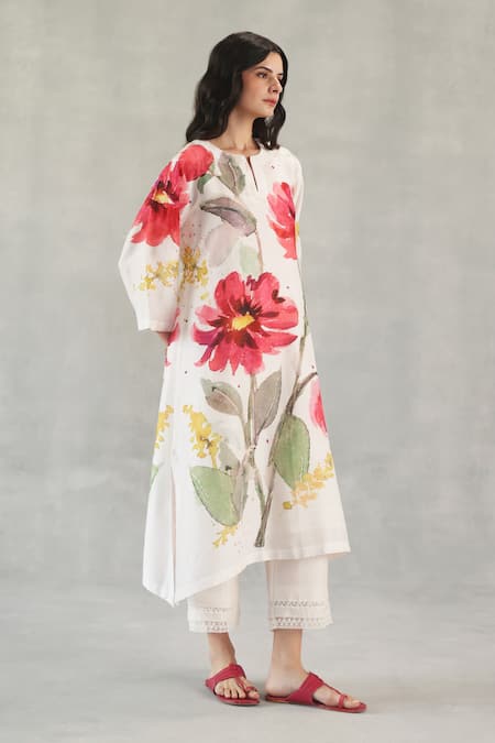 Shop_Roza_Ivory Chanderi Lace Round Neck Olivia Printed Kurta And Pant Set _Online_at_Aza_Fashions