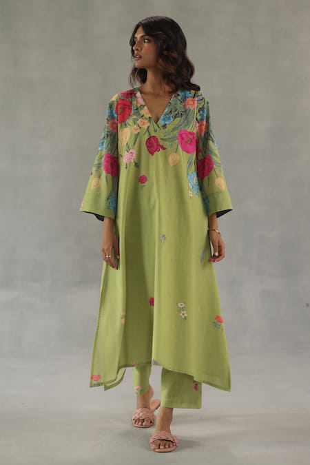 Roza Green Linen Embroidery V-neck Lily Dew Kurta Set