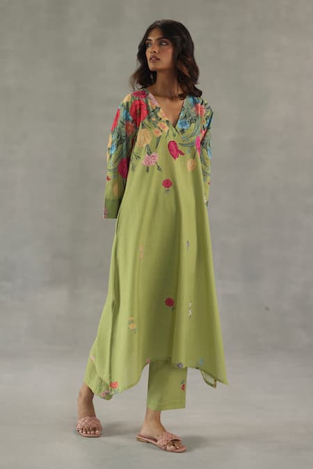 Shop_Roza_Green Linen Embroidery V-neck Lily Dew Kurta Set _Online_at_Aza_Fashions