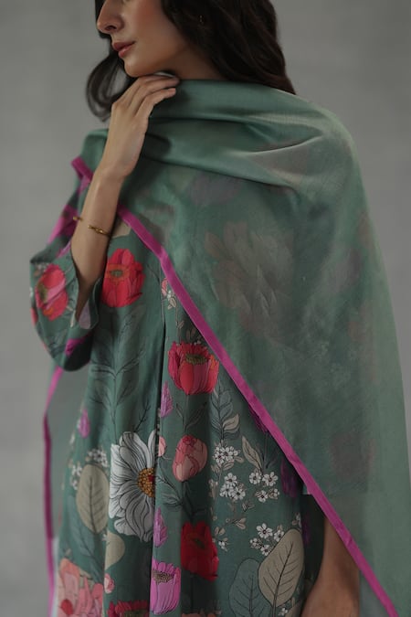 Roza_Green Roseate Chanderi Stole _Online_at_Aza_Fashions