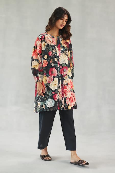 Buy Roza Black Linen Round Neck Rose Dusk Print Kurta And Pant Set Online at Aza Fashions Buy_Roza_Black Linen Round Neck Rose Dusk Print Kurta And Pant Set _Online_at_Aza_Fashions