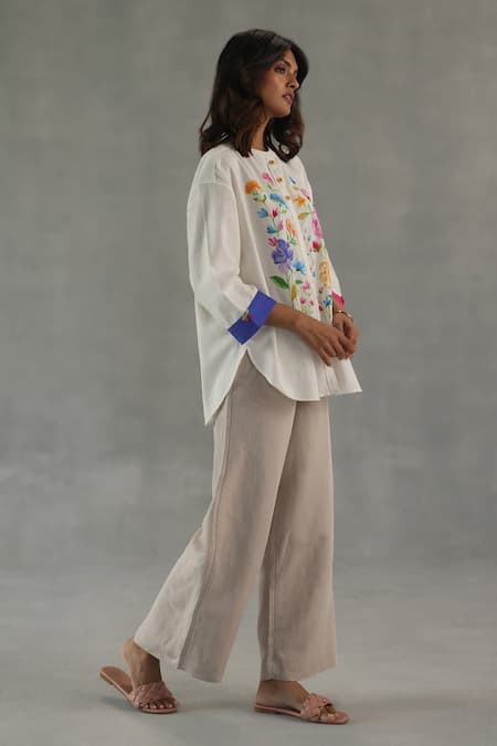 Roza_Ivory Linen Embroidery Round Neck Secret Garden Top _Online_at_Aza_Fashions