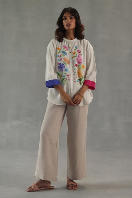 Buy_Roza_Ivory Linen Embroidery Round Neck Secret Garden Top _Online_at_Aza_Fashions