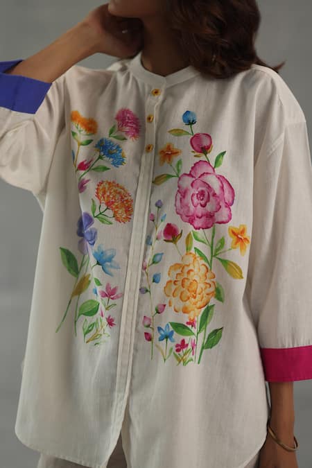 Roza_Ivory Linen Embroidery Round Neck Secret Garden Top _at_Aza_Fashions