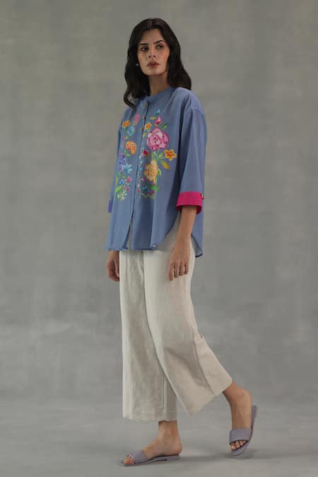 Roza_Blue Linen Embroidery Collared Secret Garden Top _Online_at_Aza_Fashions