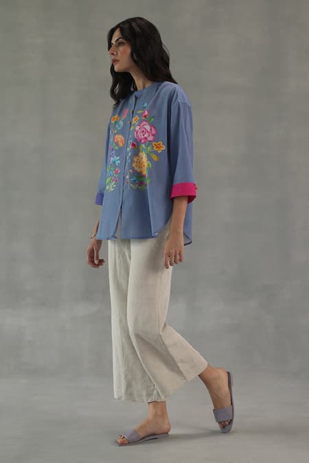 Buy_Roza_Blue Linen Embroidery Collared Secret Garden Top _Online_at_Aza_Fashions
