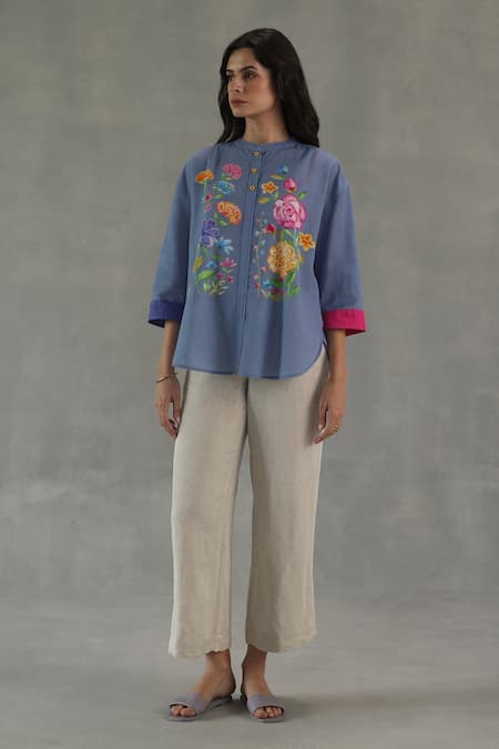 Shop_Roza_Blue Linen Embroidery Collared Secret Garden Top _Online_at_Aza_Fashions