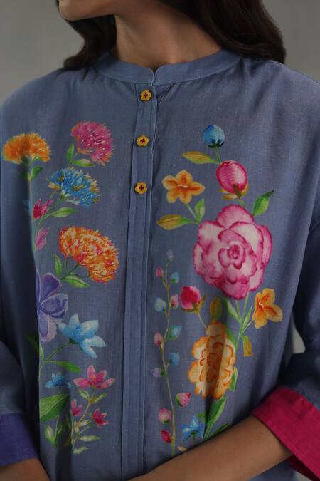 Roza_Blue Linen Embroidery Collared Secret Garden Top _at_Aza_Fashions