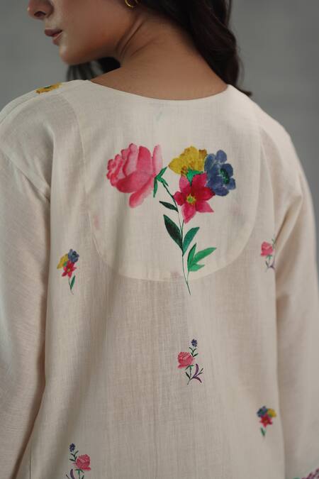 Shop_Roza_Ivory Linen Embroidery Split V-neck Meadow Song Phiran Set _Online_at_Aza_Fashions