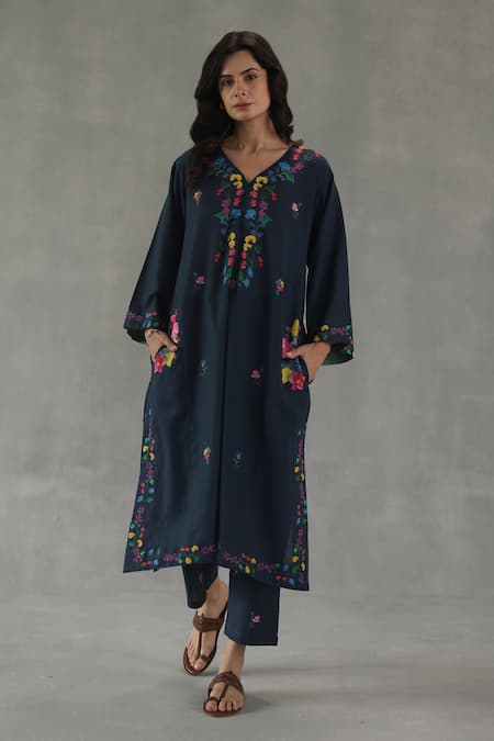 Shop_Roza_Navy Linen Embroidery Round Neck Meadow Song Phiran Set _Online_at_Aza_Fashions