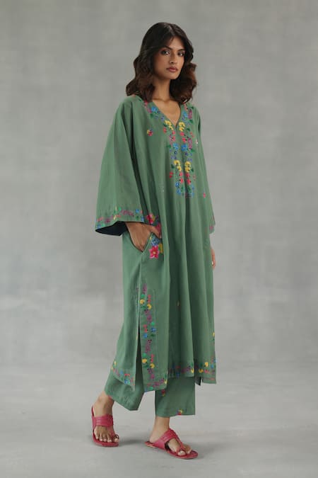 Buy_Roza_Olive Green Linen Embroidery V-neck Meadow Song Phiran Set _Online_at_Aza_Fashions