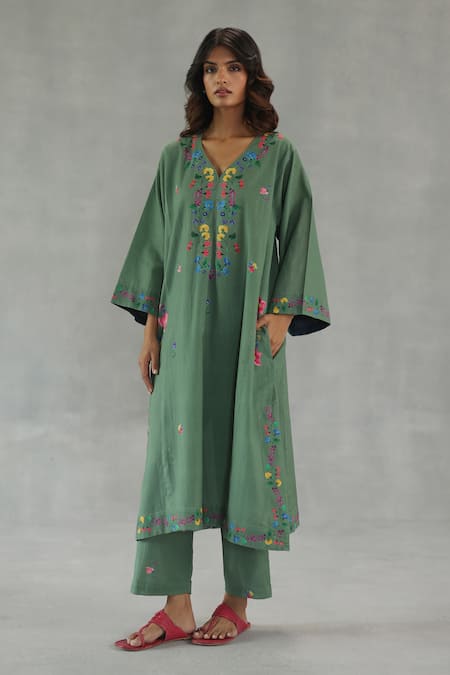 Roza Olive Green Linen Embroidery V-neck Meadow Song Phiran Set 