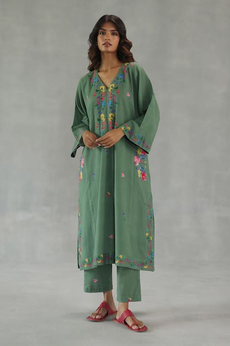 Shop_Roza_Olive Green Linen Embroidery V-neck Meadow Song Phiran Set _Online_at_Aza_Fashions