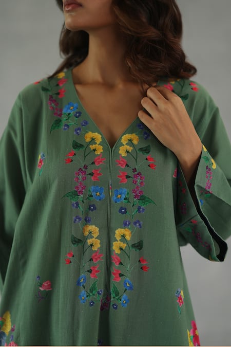 Roza_Olive Green Linen Embroidery V-neck Meadow Song Phiran Set _at_Aza_Fashions