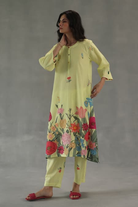 Roza Yellow Linen Embroidery Round Neck Wildflower Printed Kurta And Pant Set 