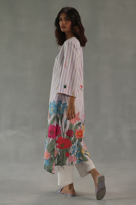 Roza_Pink Linen Embroidery Round Neck Wildflower Printed Kurta Set _Online_at_Aza_Fashions