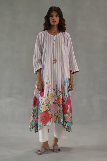 Roza Pink Linen Embroidery Round Neck Wildflower Printed Kurta Set 