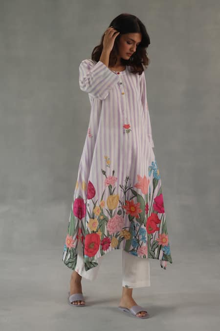 Buy_Roza_Pink Linen Embroidery Round Neck Wildflower Printed Kurta Set _Online_at_Aza_Fashions