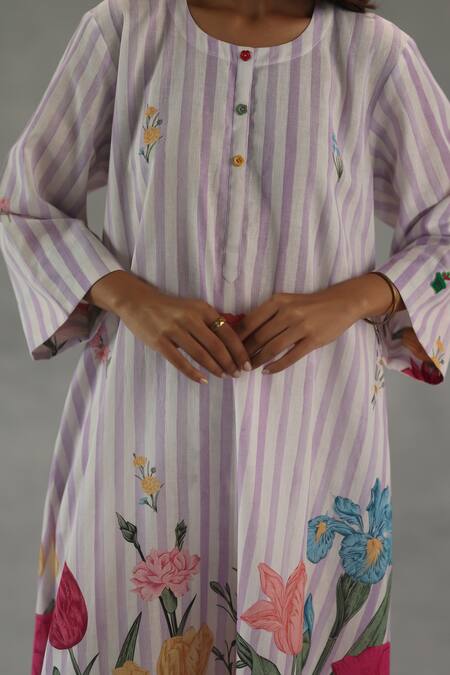 Buy_Roza_Pink Linen Embroidery Round Neck Wildflower Printed Kurta Set 