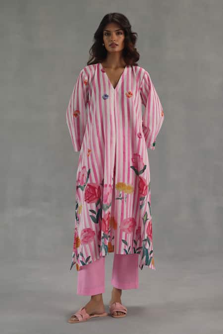 Roza_Pink Linen Embroidery V-neck Willow Printed Kurta Pant Set _Online_at_Aza_Fashions