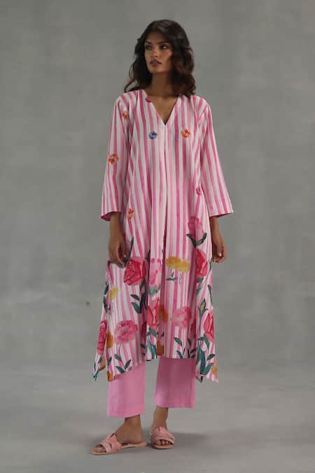 Roza Pink Linen Embroidery V-neck Willow Printed Kurta Pant Set 
