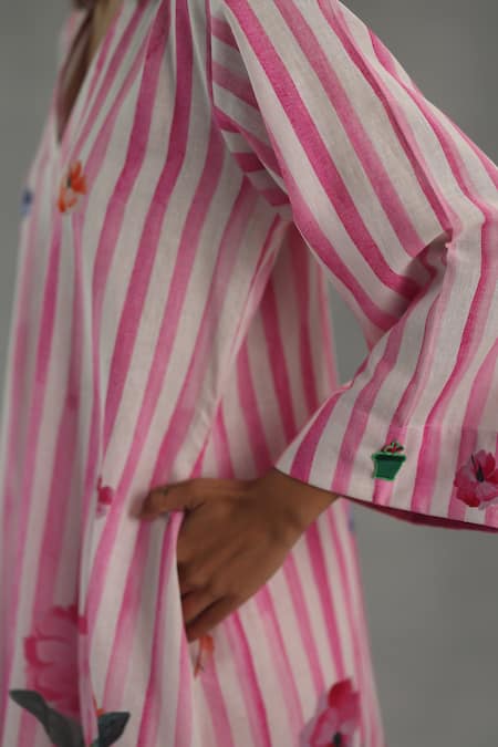 Shop_Roza_Pink Linen Embroidery V-neck Willow Printed Kurta Pant Set 