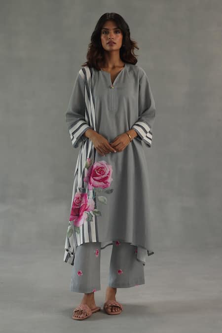 Roza Gray Linen Embroidery Split V-neck Mirage Straight Kurta Set