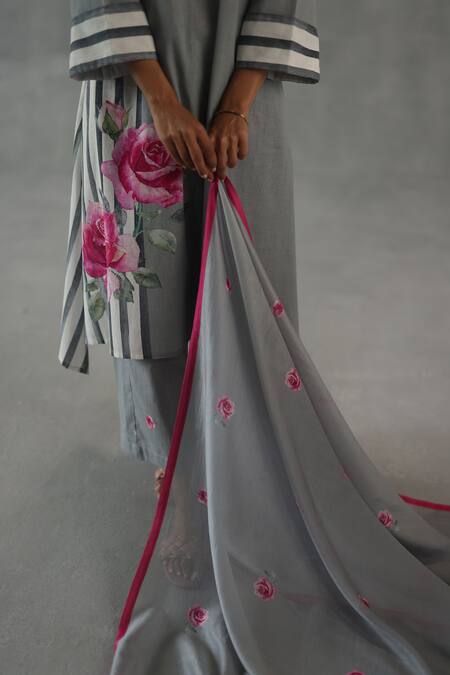 Shop_Roza_Gray Linen Embroidery Split V-neck Mirage Straight Kurta Set _Online_at_Aza_Fashions