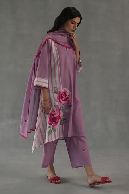 Buy_Roza_Pink Linen Embroidery Round Neck Mirage Straight Kurta Set _Online_at_Aza_Fashions