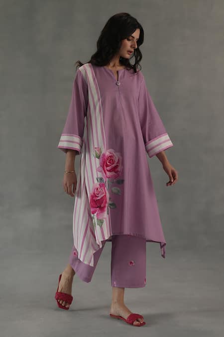 Shop_Roza_Pink Linen Embroidery Round Neck Mirage Straight Kurta Set _Online_at_Aza_Fashions