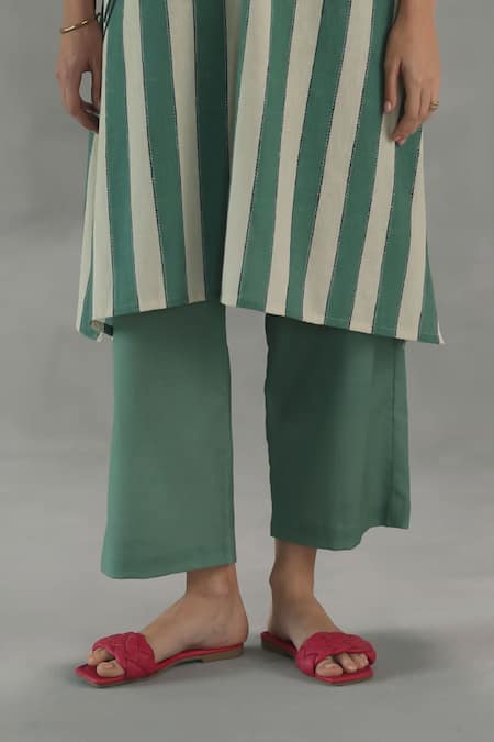Buy_Roza_Green Linen Embroidery Round Neck Carolina Stripe Print Kurta And Pant Set _Online_at_Aza_Fashions