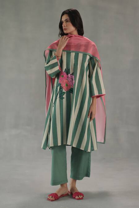 Shop_Roza_Green Linen Embroidery Round Neck Carolina Stripe Print Kurta And Pant Set 
