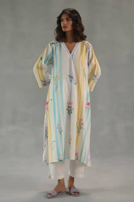 Roza Ivory Linen Embroidery V-neck Dahlia Floral Print Kurta And Pant Set 