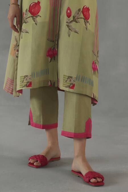 Buy_Roza_Green Linen Embroidery Split V-neck Luna Floral Print Kurta And Pant Set _Online_at_Aza_Fashions