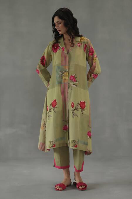 Roza Green Linen Embroidery Split V-neck Luna Floral Print Kurta And Pant Set