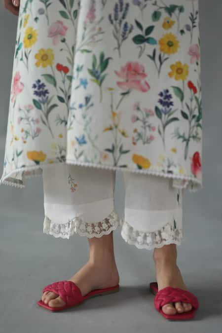 Roza_Ivory Linen Embroidery, Lace Round Neck Wishflower Print Kurta And Pant Set _Online_at_Aza_Fashions