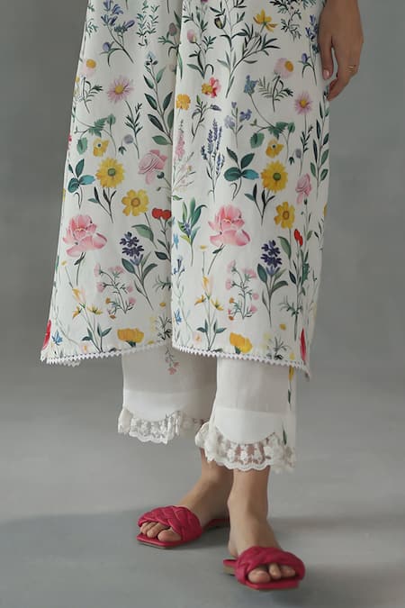 Buy_Roza_Ivory Linen Embroidery, Lace Round Neck Wishflower Print Kurta And Pant Set _Online_at_Aza_Fashions