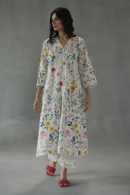 Shop_Roza_Ivory Linen Embroidery, Lace Round Neck Wishflower Print Kurta And Pant Set _Online_at_Aza_Fashions