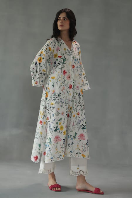 Roza_Ivory Linen Embroidery, Lace Round Neck Wishflower Print Kurta And Pant Set _at_Aza_Fashions