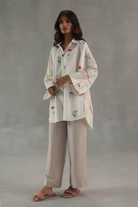 Roza Ivory Linen Embroidery Collared Bianca Printed Shirt
