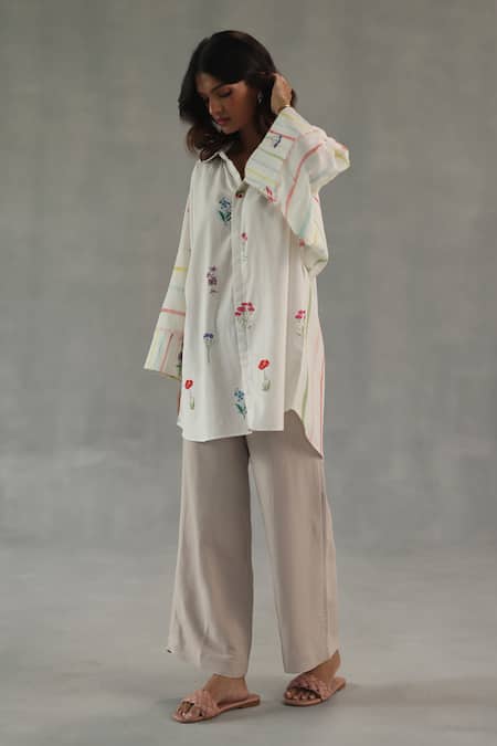 Roza_Ivory Linen Embroidery Collared Bianca Printed Shirt _Online_at_Aza_Fashions