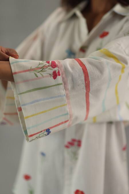 Buy_Roza_Ivory Linen Embroidery Collared Bianca Printed Shirt _Online_at_Aza_Fashions