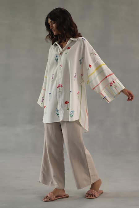 Shop_Roza_Ivory Linen Embroidery Collared Bianca Printed Shirt _Online_at_Aza_Fashions
