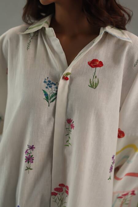 Roza_Ivory Linen Embroidery Collared Bianca Printed Shirt _at_Aza_Fashions